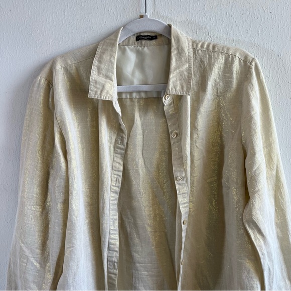 J. McLaughlin Button Up Cream w/ Gold Metallic Long Sleeve Collared Shirt Sz XL - Picture 8 of 16